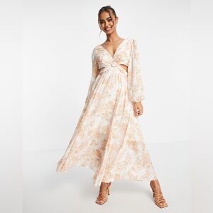 EVER NEW Cut-out Long Sleeve Maxi Dress Gold Athena Floral-white Size 4